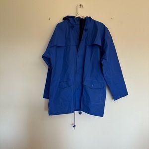 Blue Dutch Harbor Size L Rain Jacket with Hood Zipper and Snaps.